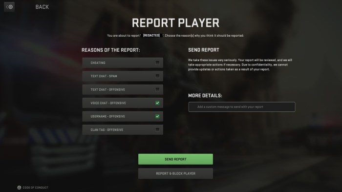 League report a player