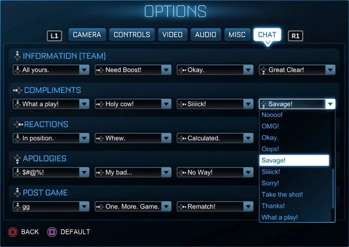 Quick chat rocket league