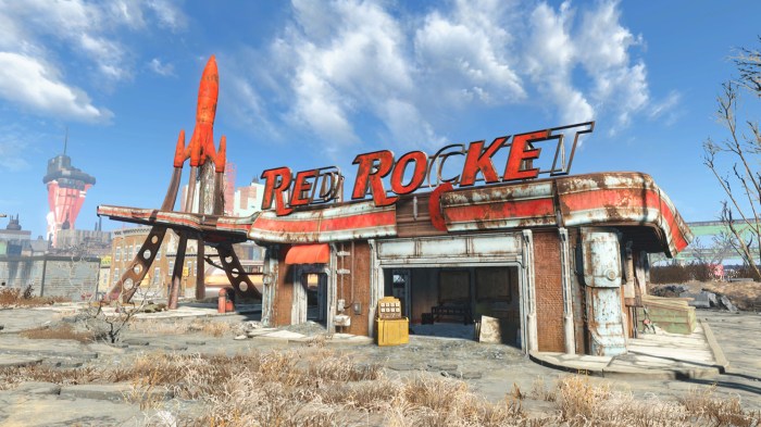 Rocket red gas station pristine skylines cities background