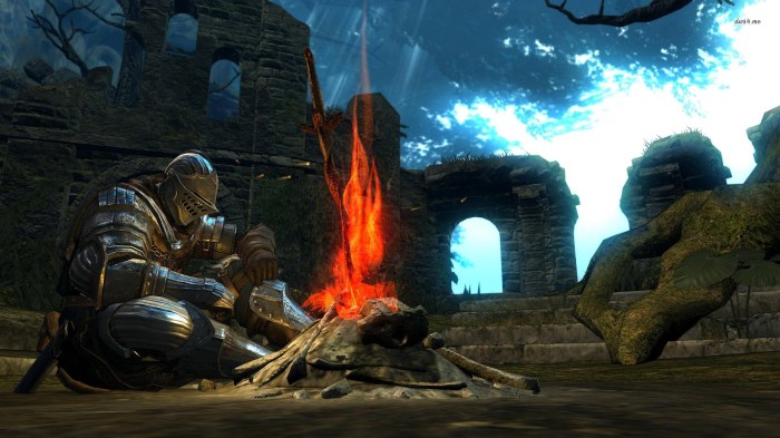 Knight resting by fire