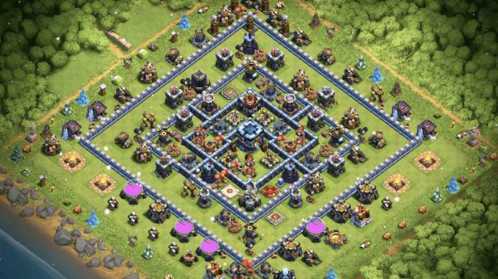Th9 coc base defense layout hall town
