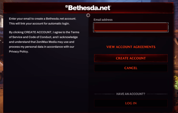 Create a bethesda account