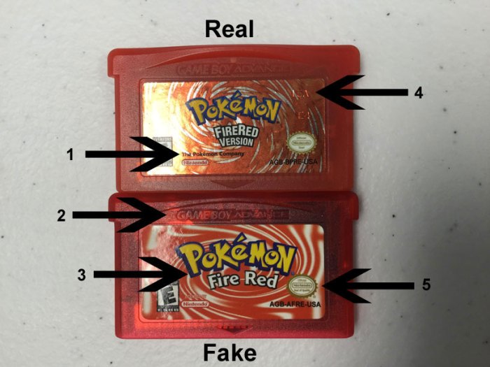 Pokemon fake cartridge red green leaf tell gen fire stands esrb check spot gameboy cartridges carts these rating display made