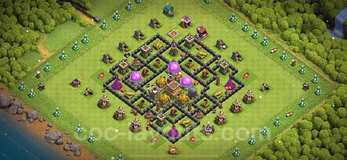 Base hall town trophy clash th8 clans coc farming layout