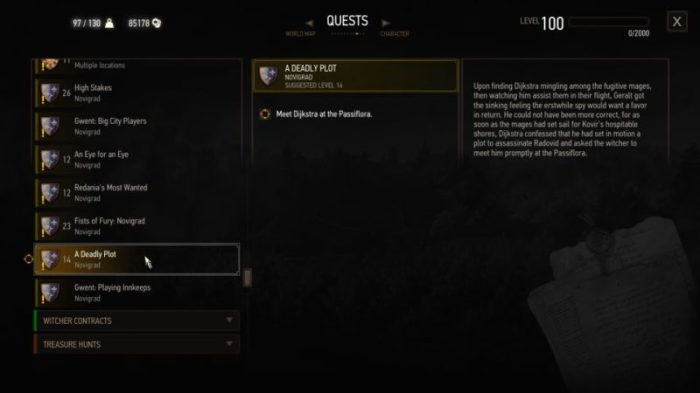 Witcher plot deadly walkthrough guide suggested quest above level