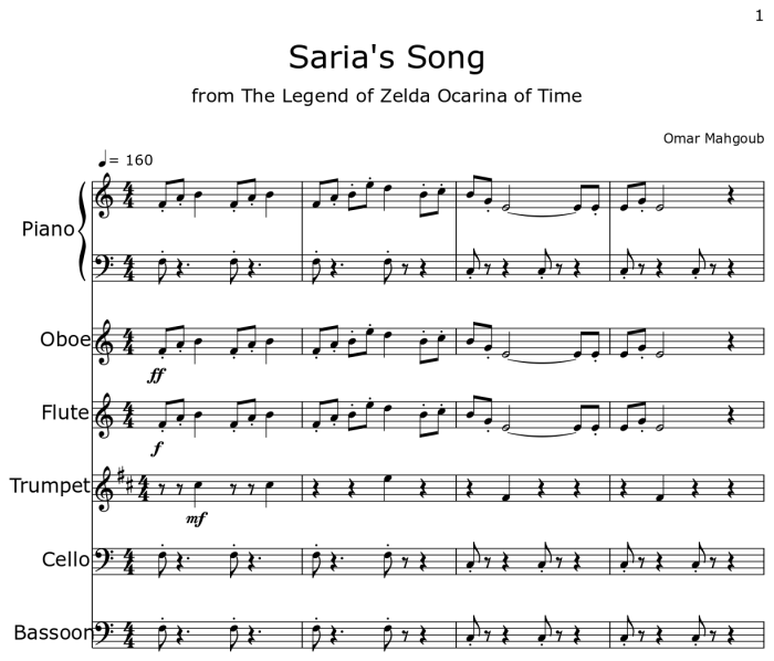 Saria's song sheet music