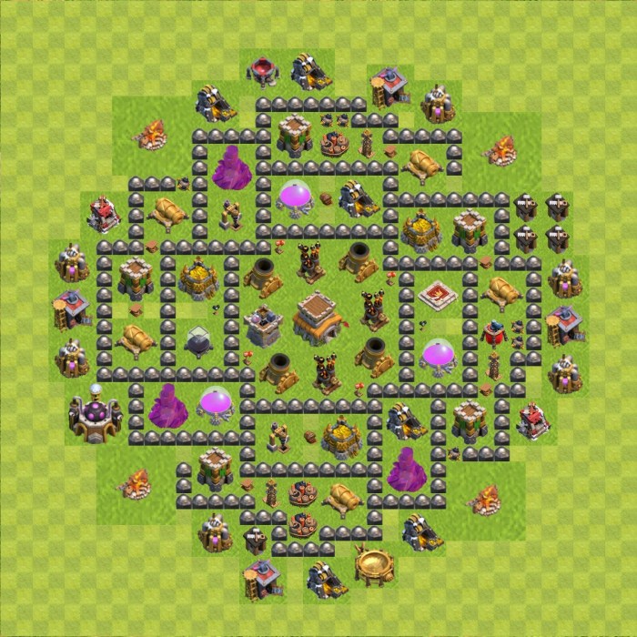 Clash clans base hall town layout th9 defense build strategy